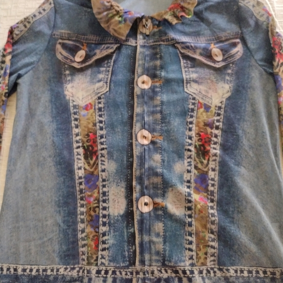 John Mark Top Womens Sz S Sheer Mesh Faux Denim Jacket Full Zip Trompe L’oeil - Picture 2 of 10